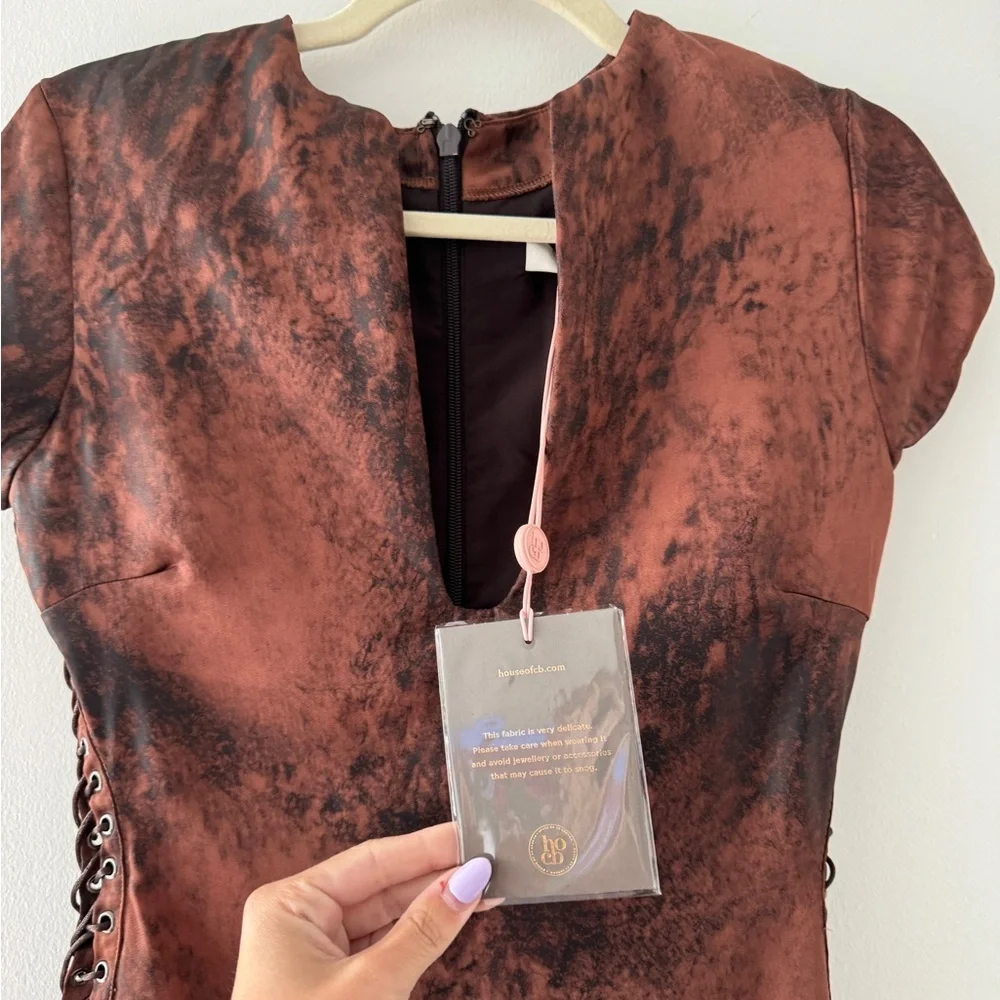 HOUSE OF CB NWT Daphne Antique Copper Lace Up Mini Dress S_6